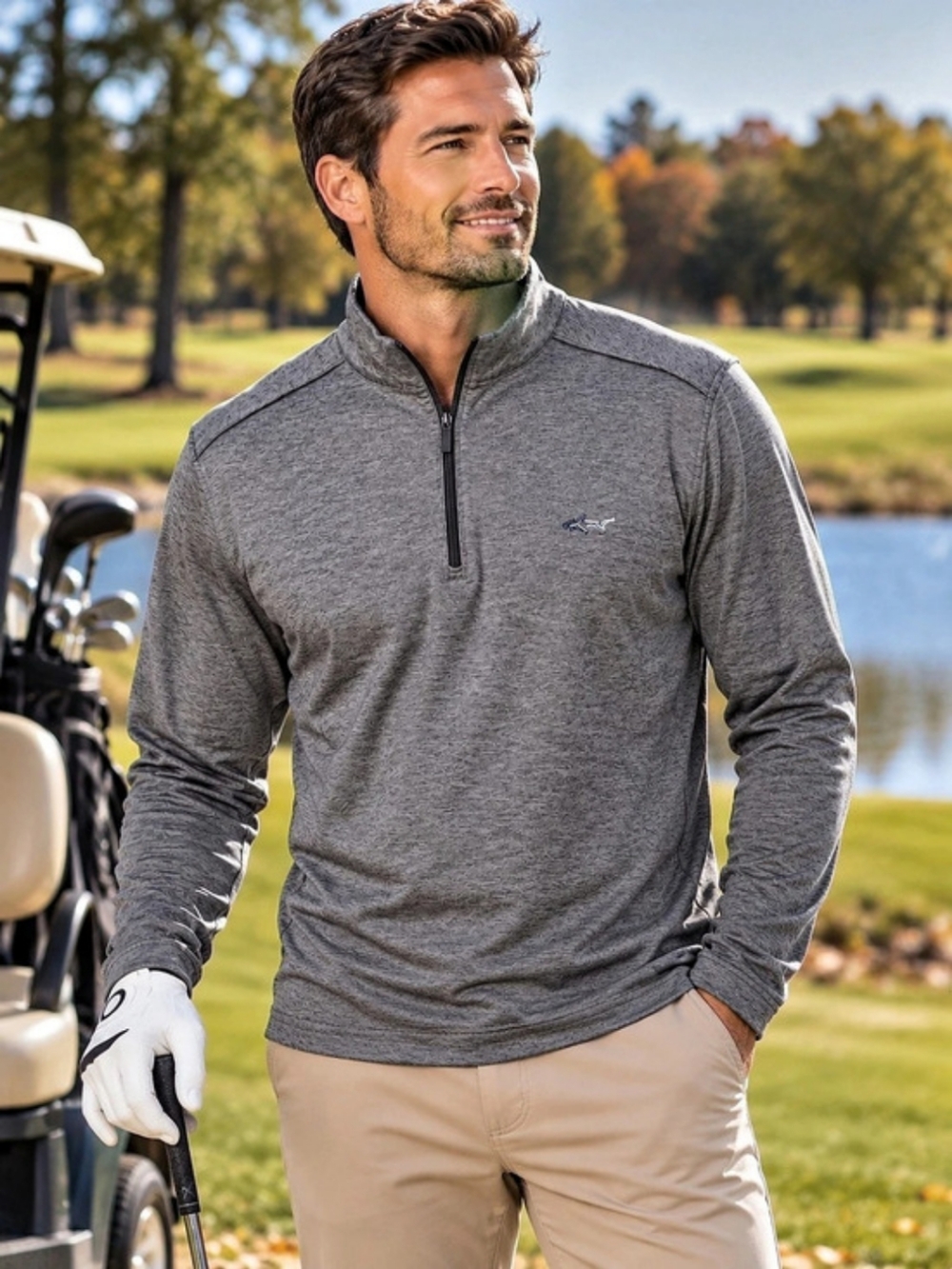 Greg Norman Leaderboard Shark Performance Quarter Zip Pullover Top Gray Size M